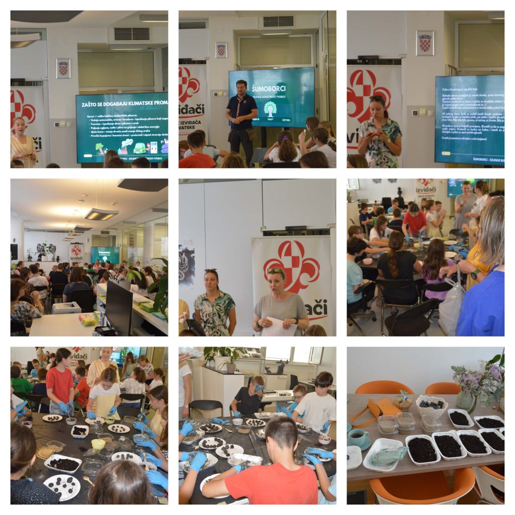 Fotografije atmosfere s događanja složene u kolaž: predavanje, pričanje priče, izraditi kuglice od zemlje i sjemenki livadnog cvijeća - kao simbol stvaranja novog života i brige o okolišu